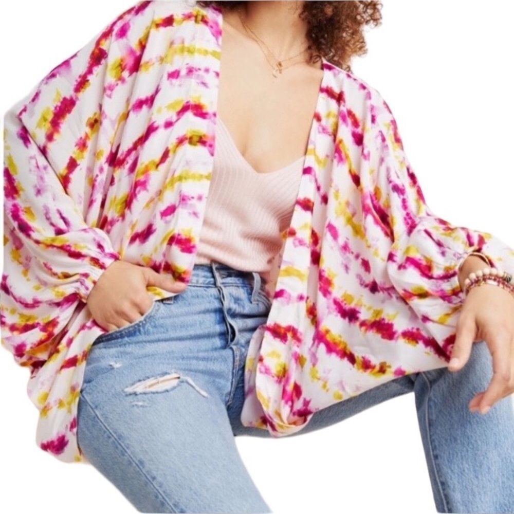ANTHROPOLOGIE Dip Dyed Cocoon Open Front Lightweight Kimono/ Swim Coverup